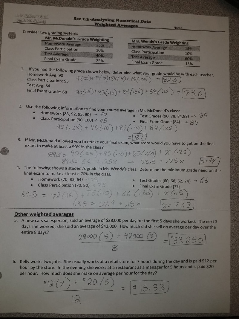 Weighted Averages Worksheet Answer Key